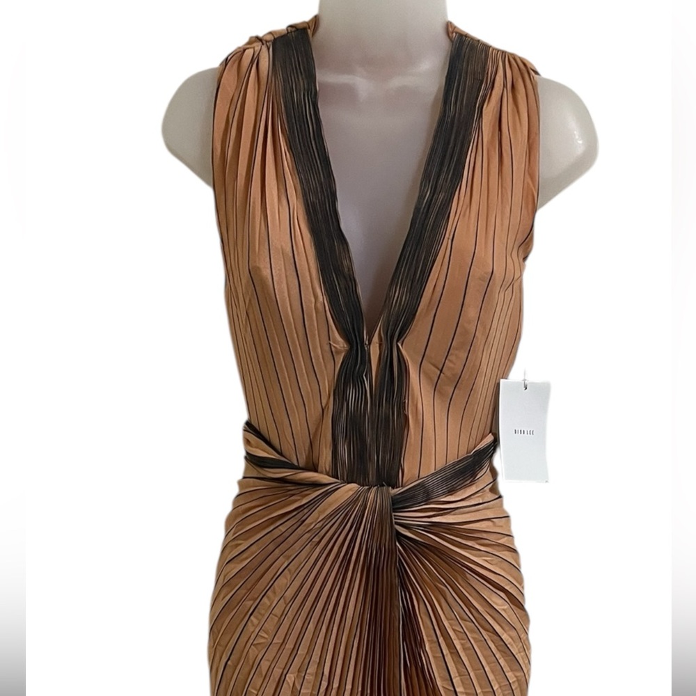 DION LEE Sunray Plunge Dress Pinstripe Pleating Sleeveless in Clay Size 2 US - Picture 2 of 15